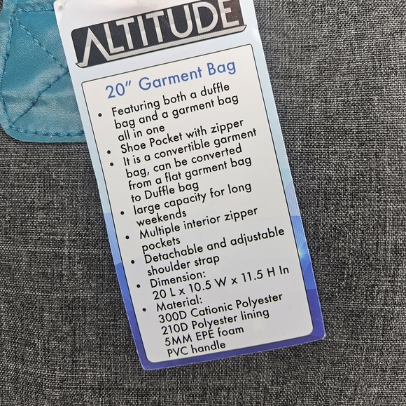 Altitude 20" Grey Garment Duffle Bag NWT - Picture 2 of 3